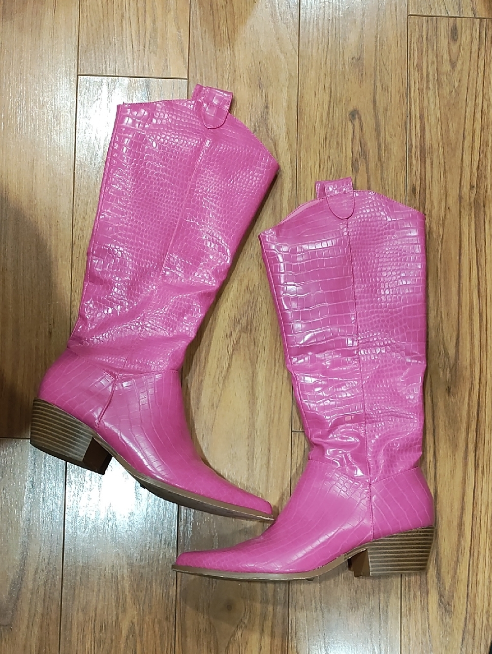 Pink Croc-Embossed Knee-High Heeled Boots for Women